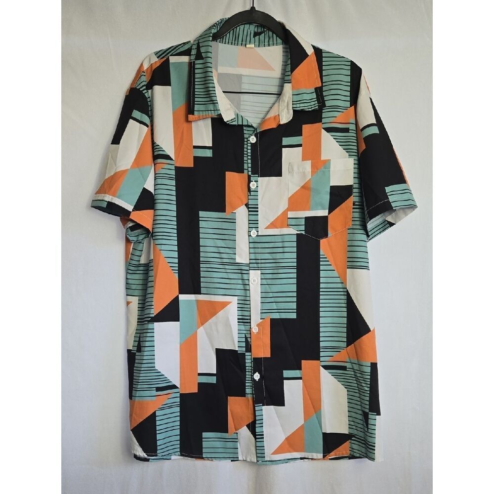 🖤5/$20🖤 Men's Geometric Short-Sleeve Button-Up Shirt - Mint, Orange, Black